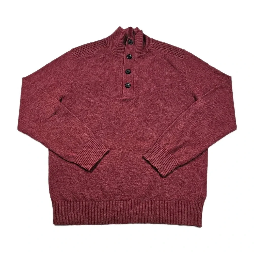 BANANA REPUBLIC Merino‎ Wool Garnet Red Mens L Mock Neck Button & Zipper Close